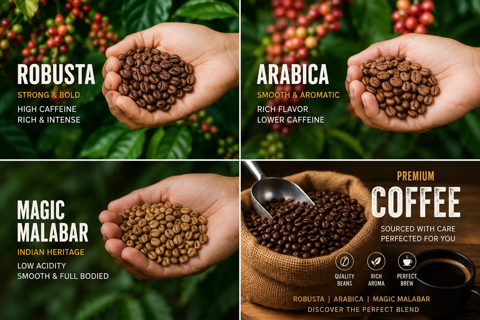 All variant of Arabica ,Robusta , Coorg